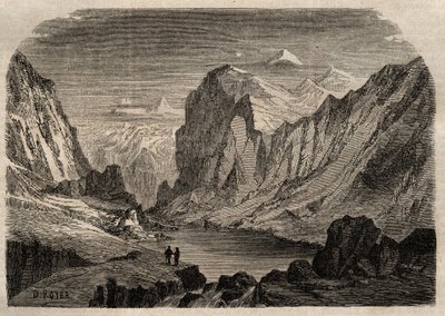 Zicht op het land van Davos in Zwitserland in de 19e eeuw - gravure in 