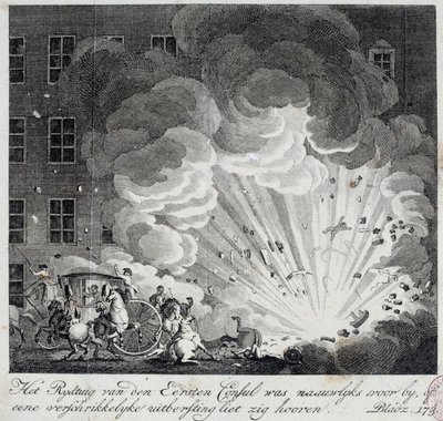 Uitzicht op de explosie van de helse machine van de rue Saint Nicaise in Parijs op de 3e nivose an IX door Unknown artist