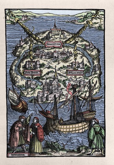 Uitzicht op het eiland Utopia uit het boek van Thomas More, 