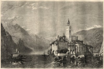 Zicht op het klooster Mater Ecclesiae op het eiland San Giulio op het Ortameer in Italië. Gravure naar een schilderij van William Collingwood Smith. In 