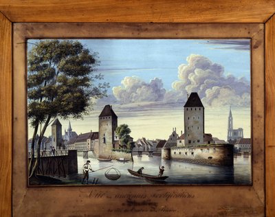 Zicht op de oude vestingwerken in Straatsburg aan de kant van de rivieringang - schilderij op glas door Unknown artist