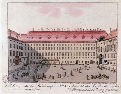 Uitzicht op het deel van het keizerlijk paleis genaamd de Oude Hof in Wenen. Oostenrijk. Gravure uit 1815 Privécollectie door Unknown artist