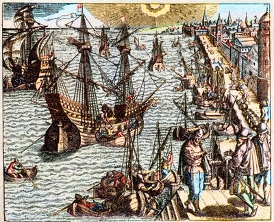 Zicht op de haven van Lissabon in de 16e eeuw door Unknown artist