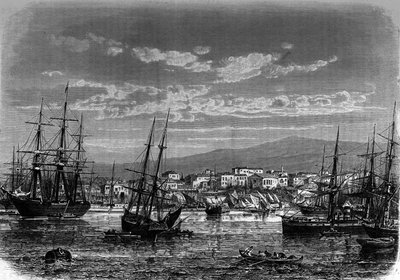 Uitzicht op de haven van Piraeus in Griekenland. Gravure in 