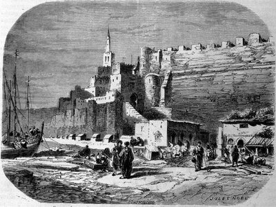Uitzicht op de haven van de versterkte stad Tanger en de kust, Marokko. Gravure uit 1860 door Unknown artist