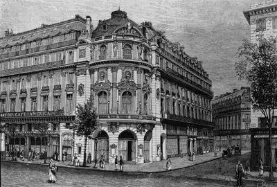 Zicht op het Théâtre du Vaudeville in Parijs. door Unknown artist