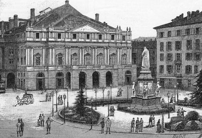 Zicht op het theater van La Scala in Milaan, Italië. (Teatro alla Scala Milano) Gravure in 