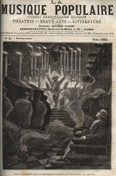 Visioen van Wolfgang Amadeus Mozart (1756-1791) in de kapel (groot orgel) van de abdij van Weingarten in Duitsland - gravure in 