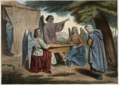Bezoek van de drie engelen aan Abraham: Abraham verneemt dat zijn vrouw Sarah (op de achtergrond), al heel oud, hem binnenkort een zoon zal schenken. Anonieme gravure uit het midden van de 19e eeuw. door Unknown artist