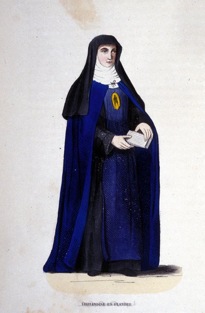 Visitandine religieuze in Vlaanderen. Orde van Visitatie opgericht door Sint-Franciscus van Sales en Sint-Joan van Chantal in 1610. Gravure uit de 19e eeuw door Unknown artist