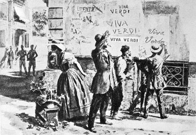 Viva Verdi: Enthousiaste inscripties voor Giuseppe Verdi in Napels (koninkrijk der beide Siciliën) onder de Oostenrijkse bezetting in 1859, na het verbod op zijn opera 