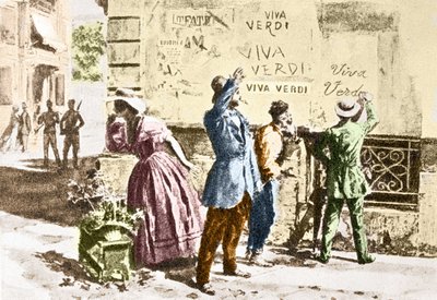 Viva Verdi: Enthousiaste inscripties voor Giuseppe Verdi in Napels (koninkrijk der beide Siciliën) onder de Oostenrijkse bezetting in 1859, na het verbod op zijn opera 