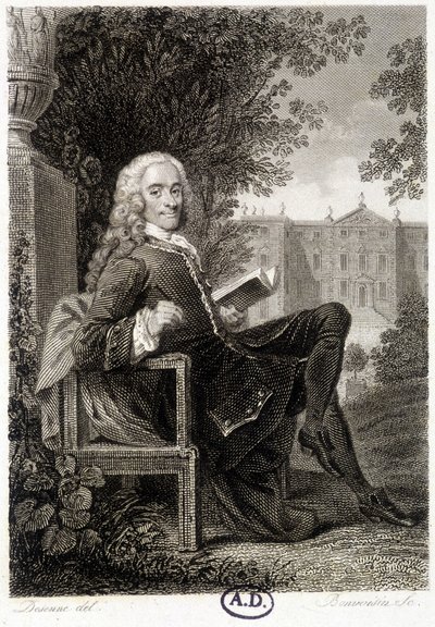 Voltaire leest in een park - gravure door Unknown artist