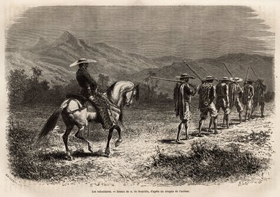 Vrijwilligers op weg naar Cali, een lange rij mannen met hun handen achter hun rug gebonden, verbonden door een touw aan elkaar, een touw vastgehouden door een soldaat te paard, die hen naar een militair trainingskamp brengt. Gravure ter illustratie van de door Unknown artist