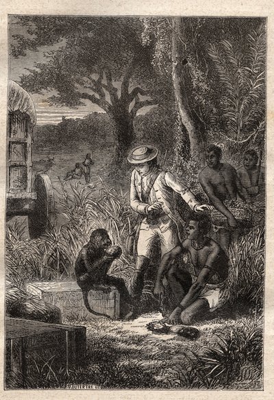 Reis naar de Caffrerie (Zuid-Afrika) (1781) door Francois Levaillant (Le Vaillant) (1753-1824): Levaillant en zijn aap degustateur Maitre Kees, die de vruchten en wortels proeft om te controleren of ze eetbaar zijn - illustratie uit 