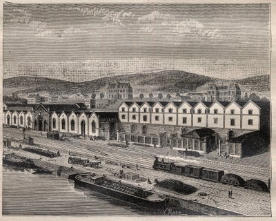 Vue du chateau de Pekin, hoofdvestiging van de Compagnie des grands vins de Champagne door Eugene Mercier (1838-1904) en Cie nabij Epernay - Gravure in 