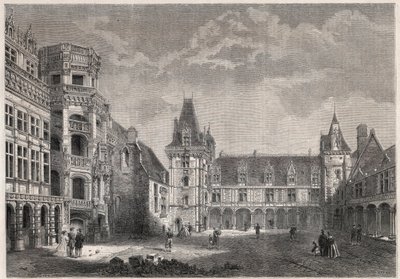 Buitenaanzicht van het kasteel van Blois met de monumentale trap - Gravure in 