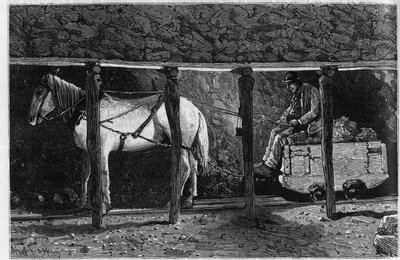 Wagonnet wordt gebruikt in de kolenmijnen in Wales. Gravure in 