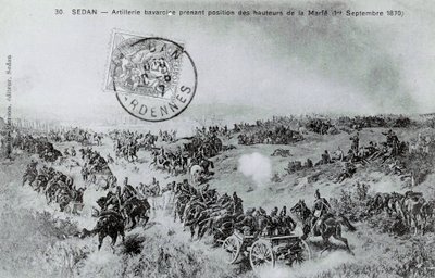 Oorlog van 1870: Beierse artillerie neemt positie in vanaf de hoogten van de Marfe in de Ardennen op 01/09/1870 door Unknown artist