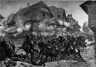 Oorlog van 1870: de aanval van de 8e en 9e slagschepen door de straten van Morsbronn (Elzas). Gravure in 