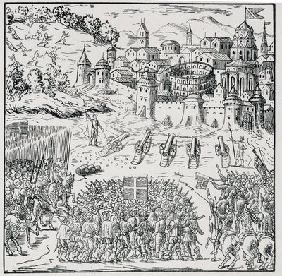 Godsdienstoorlogen: De stad Nîmes belegerd door het leger van de koning (Hendrik III) in 1576 - in Collection of 39 figures representing the calamities of France from 1562 to 1586, Louis Perrin imprim. door Unknown artist