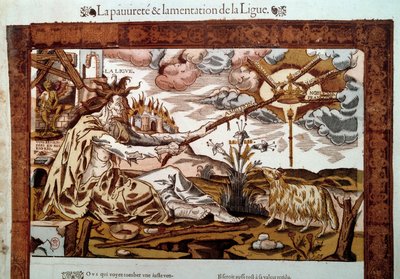 Oorlog van religie: allegorie over armoede en klaagzangen van de Heilige Liga (of Katholieke Liga), een katholieke beweging die erop gericht is het protestantisme uit Frankrijk te verdrijven door Unknown artist