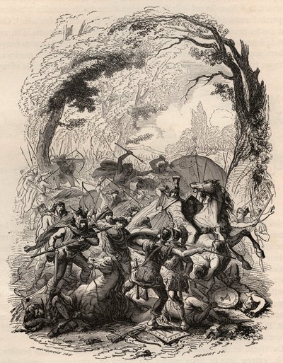 Oorlog van de Galliërs: Slag bij Aduatuca tussen het Belgische volk van de Eburonen en het Romeinse leger. Verslagen Quintus Titurius Sabinus en Lucius Aurunculeius Cotta in 54 v.Chr. Gravure uit 1868 in 
