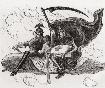 "Wij Tweeën", De Oorlogsheer en zijn bondgenoot: Een Duitse commandant en een skelet, of de dood, zittend bovenop een Zeppelin door Unknown Artist