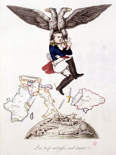 Wie te veel omhelst, omhelst slecht: na de dood door heel Europa te hebben gezaaid, voegt Napoleon zich bij het eiland Elba, gedragen door een adelaar - in 