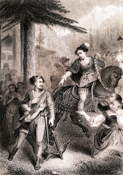 William Tell zou de baljuw Gessler hebben neergeschoten in de patriottische Zwitserse legende door Unknown artist