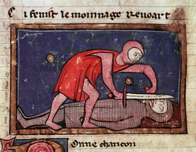 Willem V van Poitiers, de Grote (960-1030) snijdt de tong van zijn vijand Graaf Boson II van de Marche (988-1008) in 1008 Miniatuur uit 