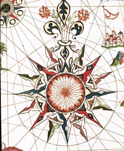 Windroos (detail van de portulan van Castellini) door Unknown artist