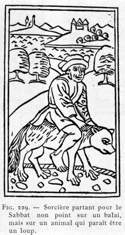 Heks vertrekt naar de sabbat niet op een bezem, maar op een dier dat op een wolf lijkt. door Unknown artist