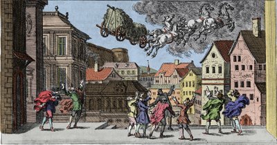 Hekserij en overtuigingen: een Scandinavische magiër veroorzaakt een storm zo sterk dat ze een paard en zijn wagen met hooi optilt. Gravure uit Mundi Mirabilis Oeconomia door Johann Zahn door Unknown artist