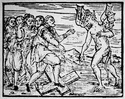 Hekserij: de duivel en de mannen die op het katholieke kruis lopen - gravure door Unknown artist