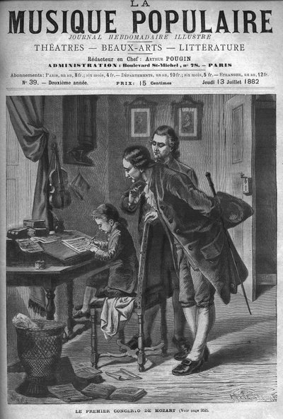 Wolfgang Amadeus Mozart schrijft een concert voor klavecimbel in aanwezigheid van zijn vader Leopold en Andreas Schachtner in 1762 - gravure in 