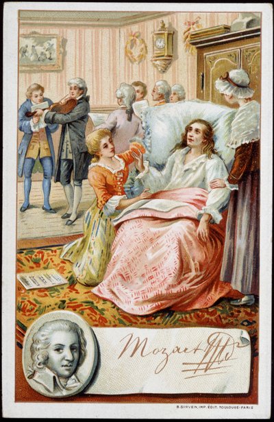 Wolfgang Amadeus Mozart (1756-1791) in de laatste dagen van zijn leven. Chromolithografie van de 19e eeuw door Unknown artist