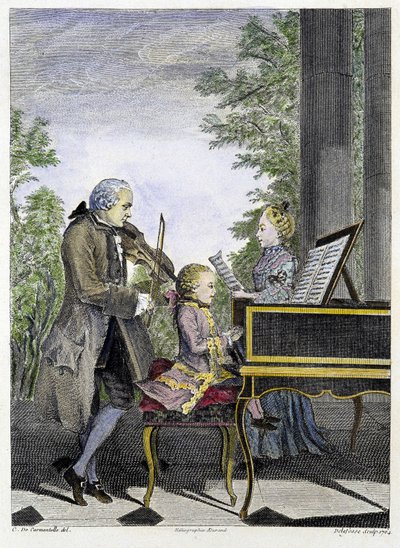 Wolfgang Amadeus Mozart kind aan de piano omringd door zijn vader Leopold op viool en zijn zus Marianne aan het zingen - gravure door Unknown artist
