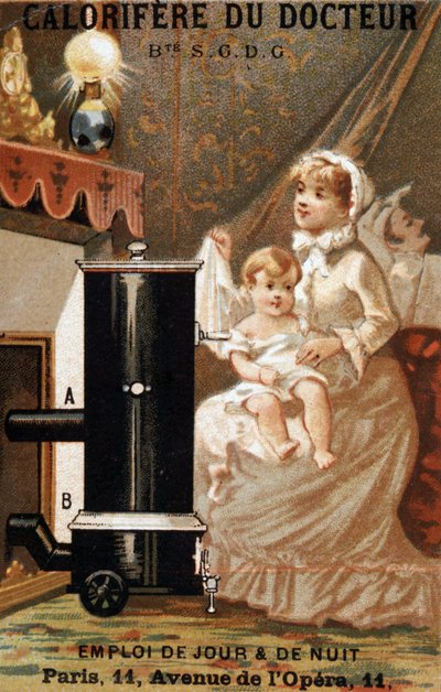 Vrouw en kind die zich verwarmen in een interieur, advertentie 