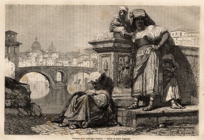 Vrouwen en kinderen van het Romeinse platteland rusten uit aan de rand van de Tiber door Unknown artist