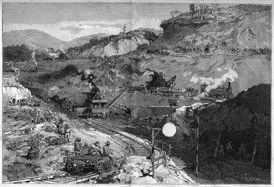 Werker op de greppelplaats in Lower Obispo voor de aanleg van het Panamakanaal. Gravure in "Le Monde Illustré" door Unknown artist
