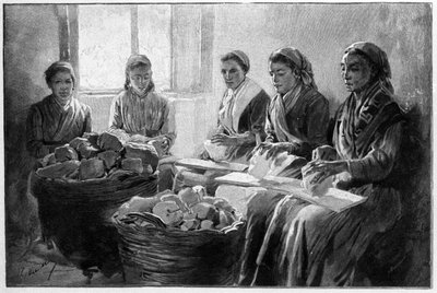 Arbeiders die puimsteen kappen Lipari Sicilië 19e eeuw gravure door Unknown artist