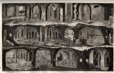 Werken in de zoutmijn van Wieliczka - mijnstad in Polen - Zicht op ondergrondse werken in de zoutmijnen van Wieliska, in Galicië - gravure in 