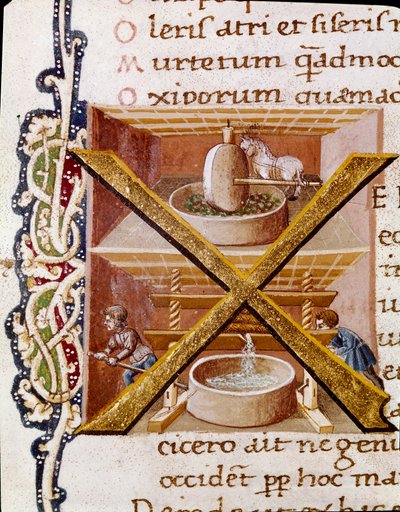 Werkzaamheden in een oliemolen (miniatuur) door Unknown artist