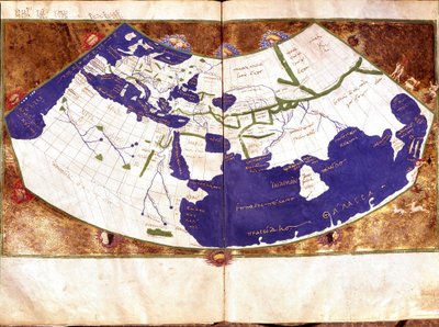 Wereldkaart van Claudius Ptolemaeus (Claude Ptolemee, 90-168 na Chr.), Griekse astronoom en astroloog - Voorstelling van de platte aarde zonder de Noord- en Zuidpool en zonder de Amerikaanse continenten - 15e eeuw Manuscript - Venetië, Biblioteca Marciana door Unknown artist