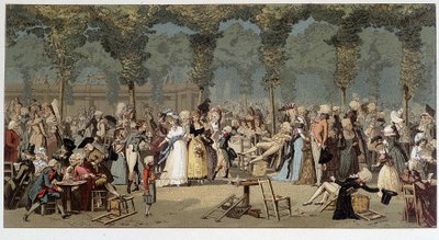 Wereldwandeling door de tuinen van het Koninklijk Paleis, eind 18e eeuw - chromo naar de gravure van Debucourt door Unknown artist