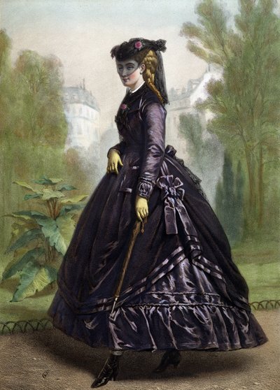 Jonge vrouw in strikte en donkere kleding (weduwe) - lithografie, midden 19e eeuw door Unknown artist