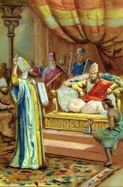 Zarathustra (Zarathustra, Zarathushtra, Zarathustra of Zoroastra), Iraanse profeet en religieuze hervormer (6e eeuw v.Chr.) aan het hof van de koning van Bactrië. Chromolithografie van de 19e eeuw. door Unknown artist