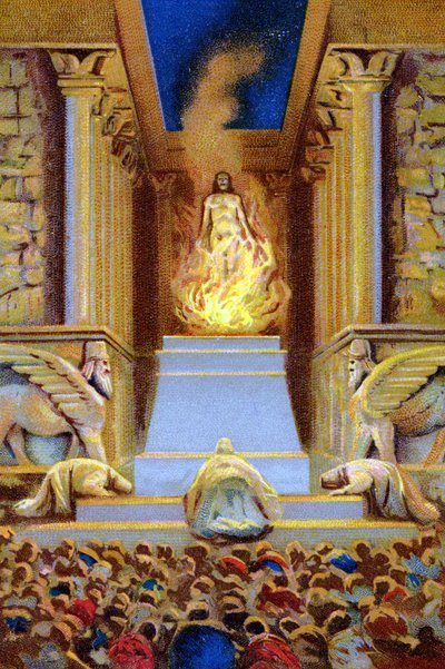 Zarathustra sterft in de tempel omringd door vlammen. Chromolithografie uit de 19e eeuw door Unknown artist