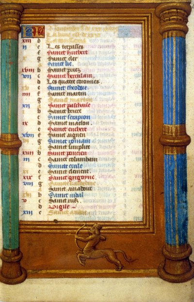 Zodiak Boogschutter en heiligen van de maand november - miniatuur Middeleeuwen (ref.: 135, 006r): verzoek om toestemming van de Gemeentelijke Bibliotheek van Toulouse (tel: 05 62 27 66 66) door Unknown artist